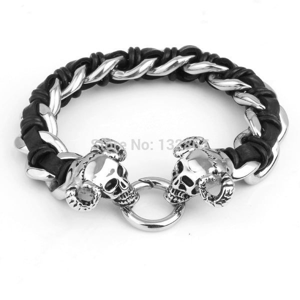 Bull Skull Design Black Leather Bracelet